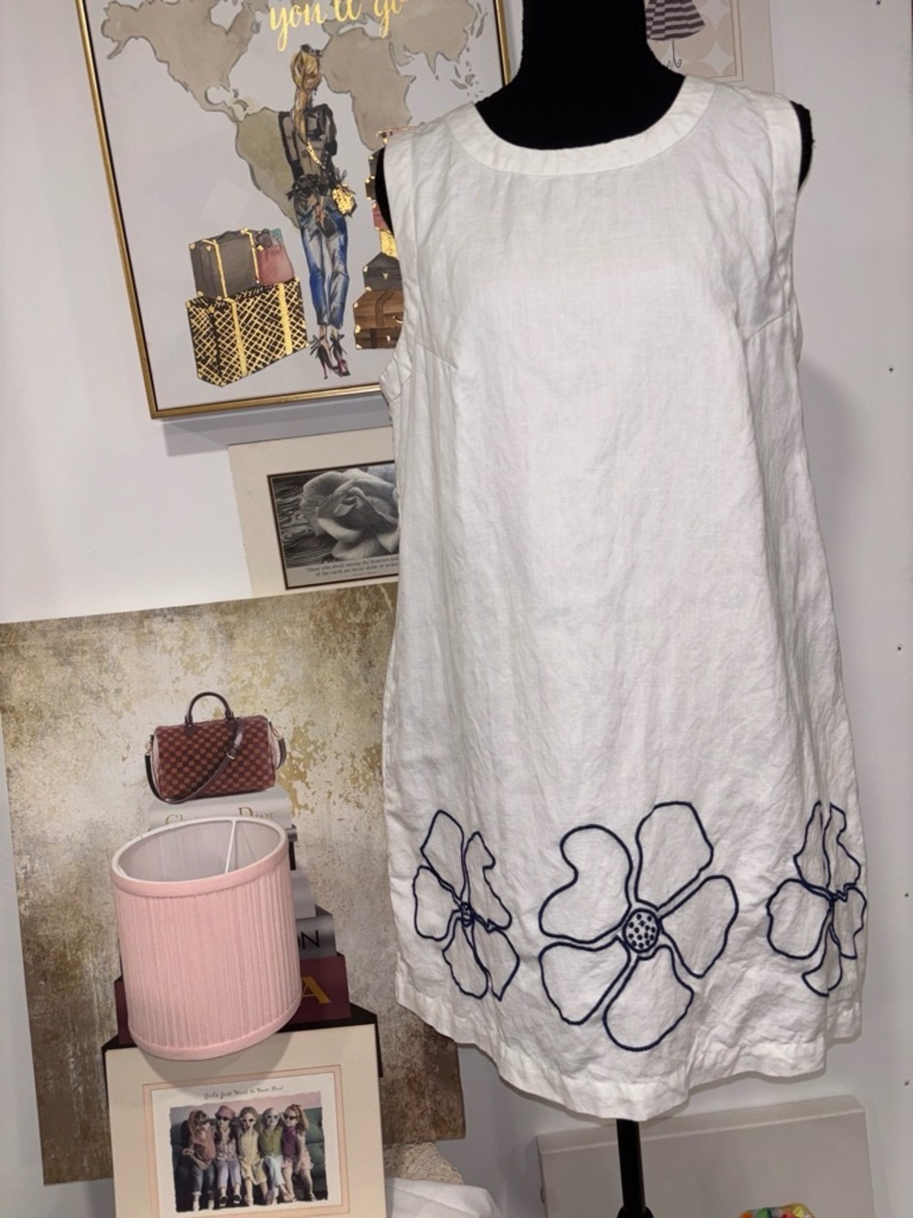 White Sleeveless Linen Dress with Navy Floral Embroidery